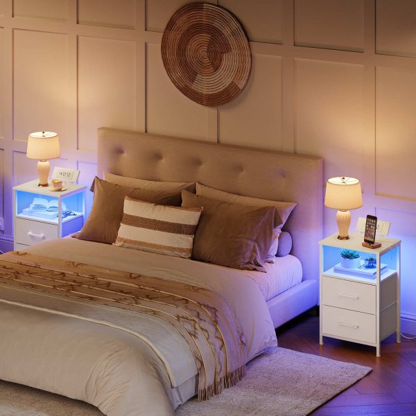 White Bedside Nightstand with Charging Station, LED Illuminated End Table with 2 Fabric Drawers, Equipped with 2 AC Outlets and USB Port, Compact Storage Night Stand for Bedroom