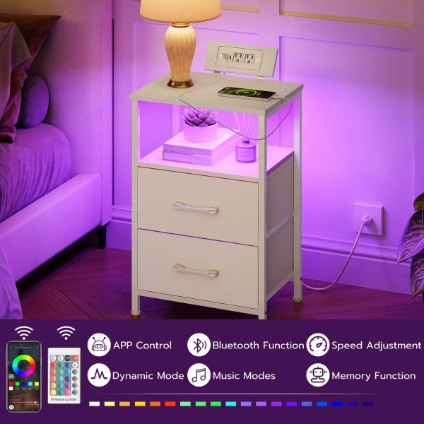 White Bedside Nightstand with Charging Station, LED Illuminated End Table with 2 Fabric Drawers, Equipped with 2 AC Outlets and USB Port, Compact Storage Night Stand for Bedroom