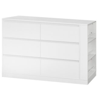 White Dresser for Bedroom, 6 Drawers Handleless Chest of Drawers for Closet, Wooden Storage Dresser with Side Display Shelf, Modern Chest of Drawers for Bedroom