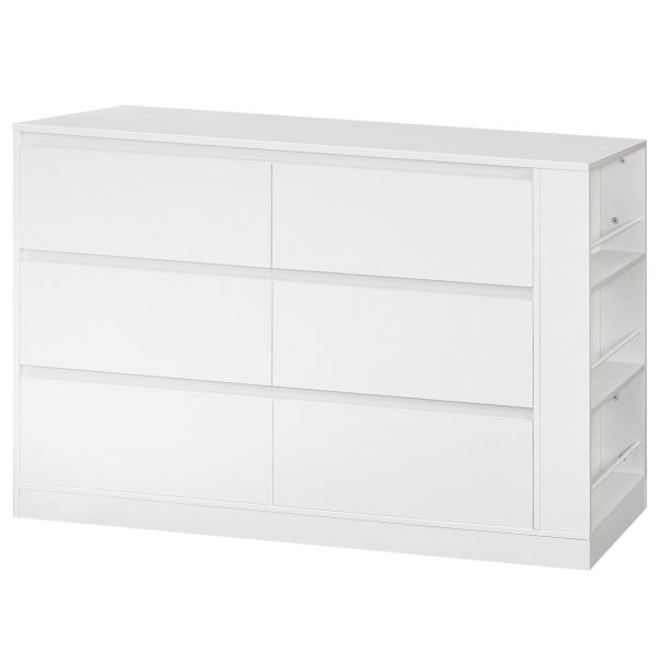 Modern Handleless 6-Drawer Wooden Dresser, White Bedroom Storage Cabinet with Side Display Shelves, Multifunctional Closet Organizer