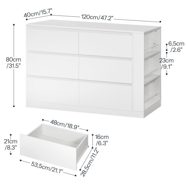 Modern Handleless 6-Drawer Wooden Dresser, White Bedroom Storage Cabinet with Side Display Shelves, Multifunctional Closet Organizer