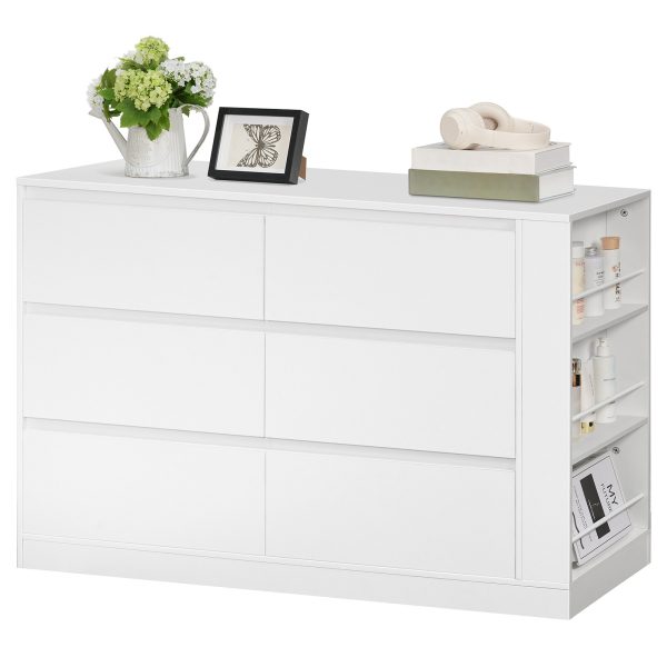 Modern Handleless 6-Drawer Wooden Dresser, White Bedroom Storage Cabinet with Side Display Shelves, Multifunctional Closet Organizer