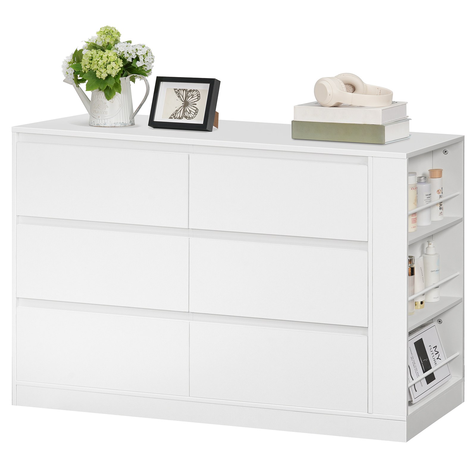 Modern Handleless 6-Drawer Wooden Dresser, White Bedroom Storage Cabinet with Side Display Shelves, Multifunctional Closet Organizer