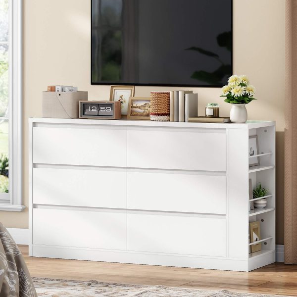 Modern Handleless 6-Drawer Wooden Dresser, White Bedroom Storage Cabinet with Side Display Shelves, Multifunctional Closet Organizer