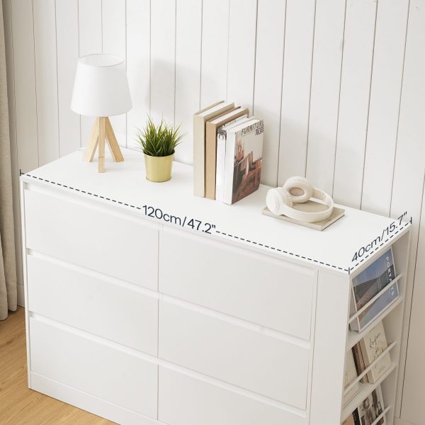 Modern Handleless 6-Drawer Wooden Dresser, White Bedroom Storage Cabinet with Side Display Shelves, Multifunctional Closet Organizer