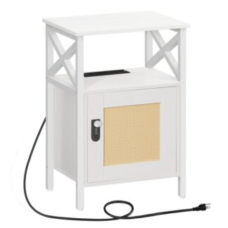 Тумбочка з зарядною станцією, Столик з ротанга з відкритими полицями та шафою для зберігання, Тумбочка з кодовим замком, Дверна панель зі штучного ротанга, X кадр, для Office, дослідження, Білий