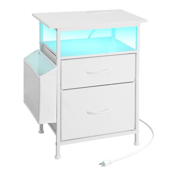 Nightstand with Charging Station and LED Light, End Table with Fabric Drawers and Side Pocket, Side Table with Outlet and USB Ports, Night Stand for Bedroom, White