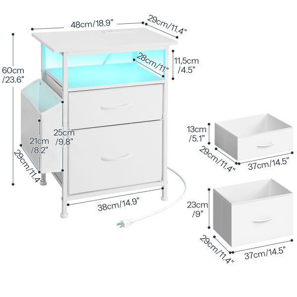 Nightstand with Charging Station and LED Light, End Table with Fabric Drawers and Side Pocket, Side Table with Outlet and USB Ports, Night Stand for Bedroom, White