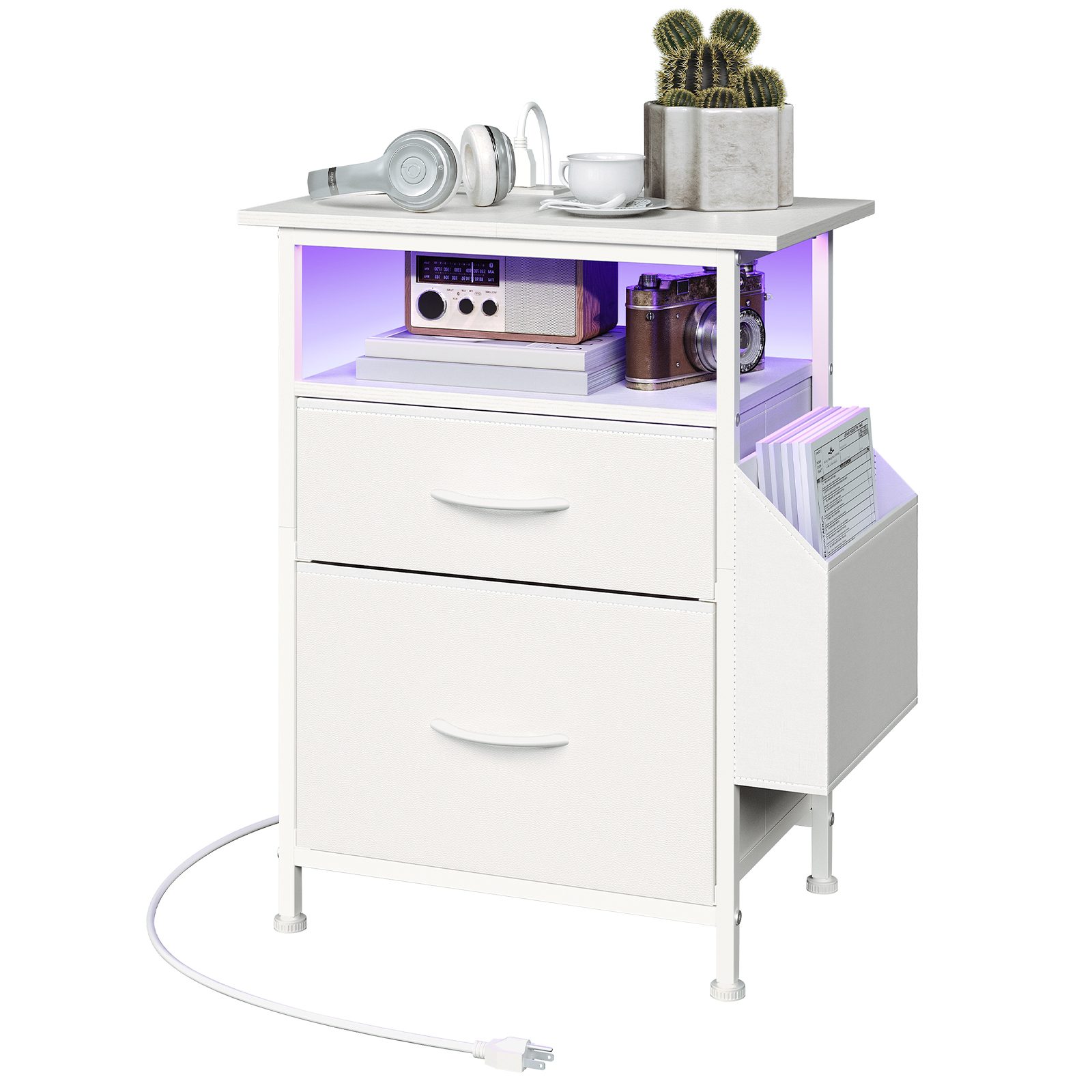 Nightstand with Charging Station and LED Light, End Table with Fabric Drawers and Side Pocket, Side Table with Outlet and USB Ports, Night Stand for Bedroom, White