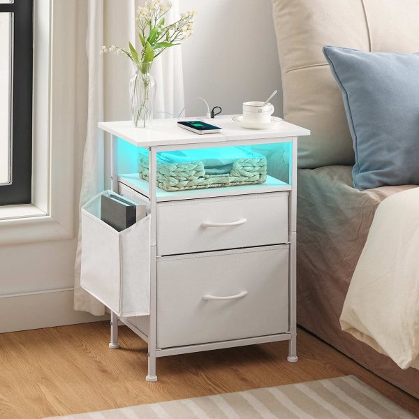 Nightstand with Charging Station and LED Light, End Table with Fabric Drawers and Side Pocket, Side Table with Outlet and USB Ports, Night Stand for Bedroom, White