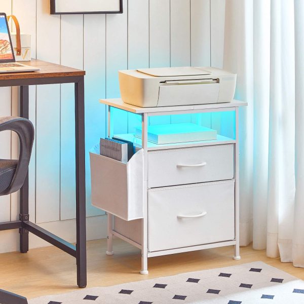 Nightstand with Charging Station and LED Light, End Table with Fabric Drawers and Side Pocket, Side Table with Outlet and USB Ports, Night Stand for Bedroom, White