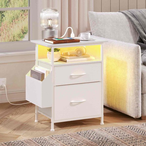 Nightstand with Charging Station and LED Light, End Table with Fabric Drawers and Side Pocket, Side Table with Outlet and USB Ports, Night Stand for Bedroom, White