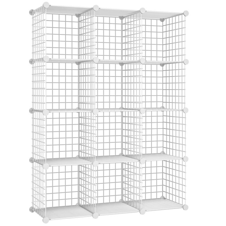 White Cube Storage Organizer, Wire Cube Storage, 12-Cube Metal Grid Storage Shelf, Modular Cabinet, DIY Cube Bookshelf, for Living Room, Bedroom, Study