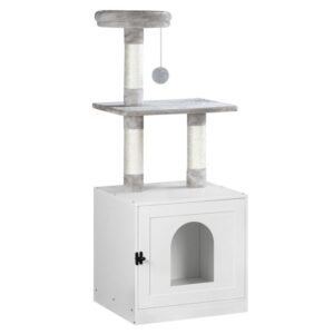 cat tree tower with litter box enclosure, hidden cat litter with scratching post and soft plush perch, wooden cat furniture, indoor pet cabinet with multiple platforms, white