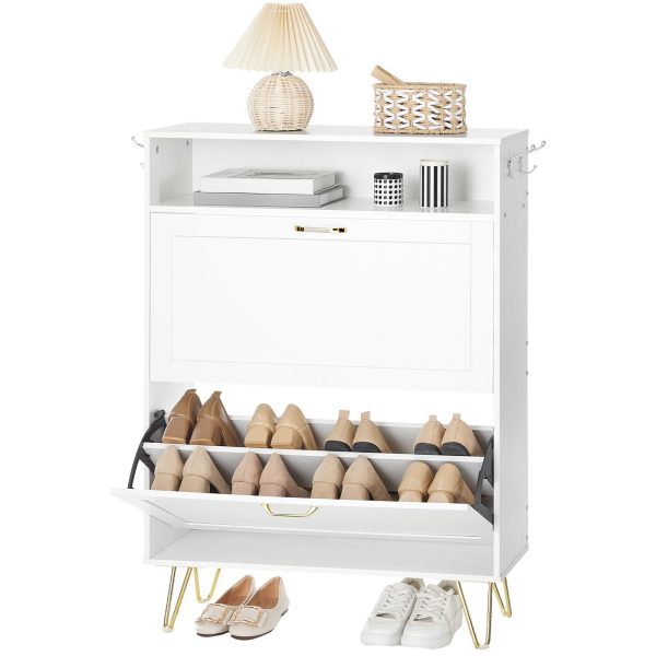 White Entryway Shoe Storage Cabinet with 2 Tiroirs rabattables, Hidden Tipping Bucket Design, Open Shelves and Coat Hooks