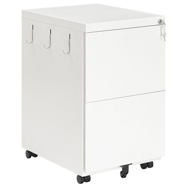 Mobile Lockable Filing Cabinet with 2 Drawers, 5-Wheel Desk Base Storage Unit, Compatible with A4, Legal and Letter Files, White
