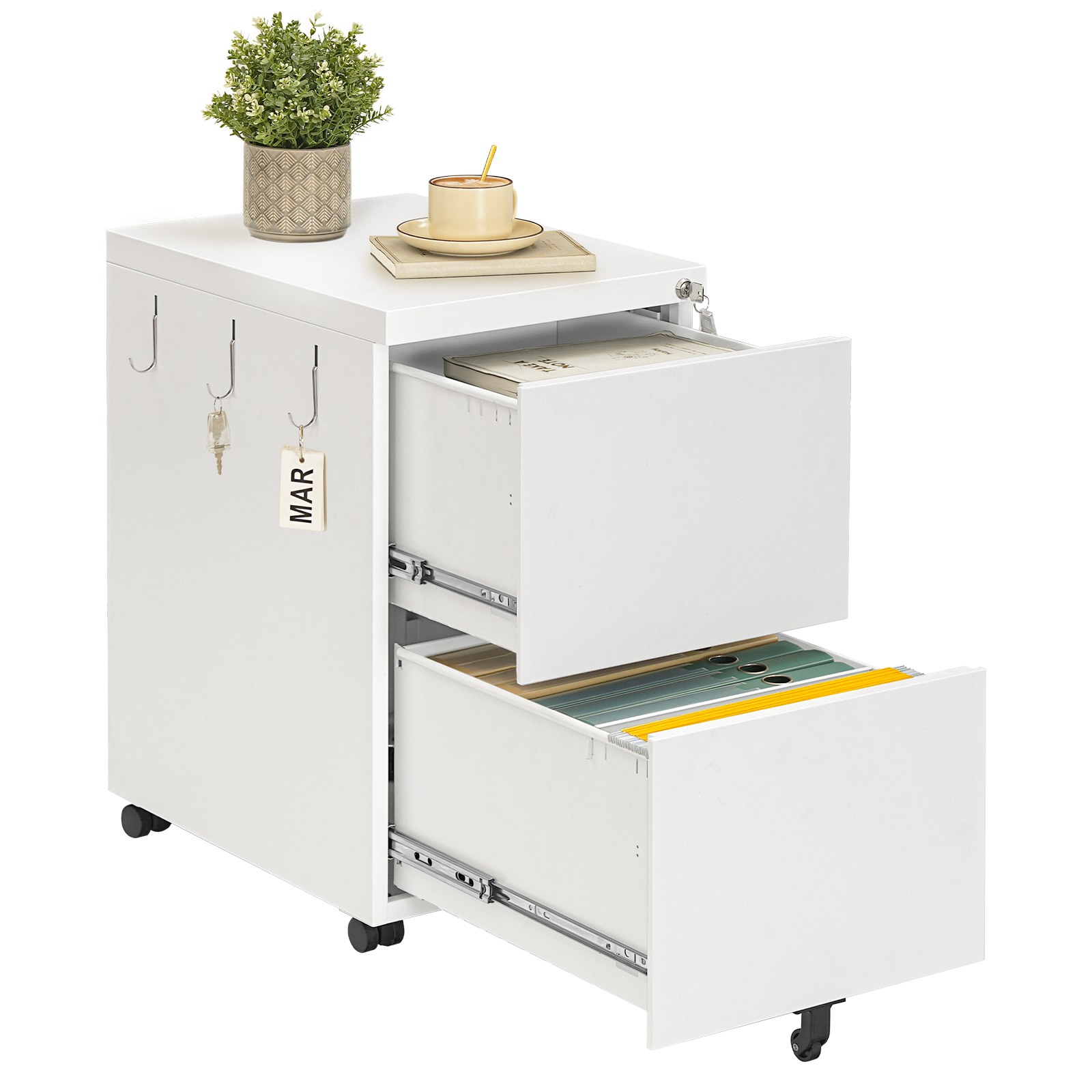 Mobile Lockable Filing Cabinet with 2 Drawers, 5-Wheel Desk Base Storage Unit, Compatible with A4, Legal and Letter Files, White