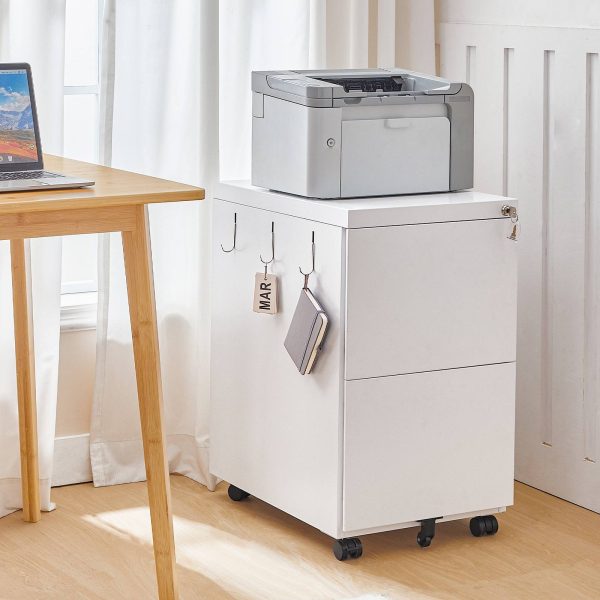Mobile Lockable Filing Cabinet with 2 Drawers, 5-Wheel Desk Base Storage Unit, Compatible with A4, Legal and Letter Files, White