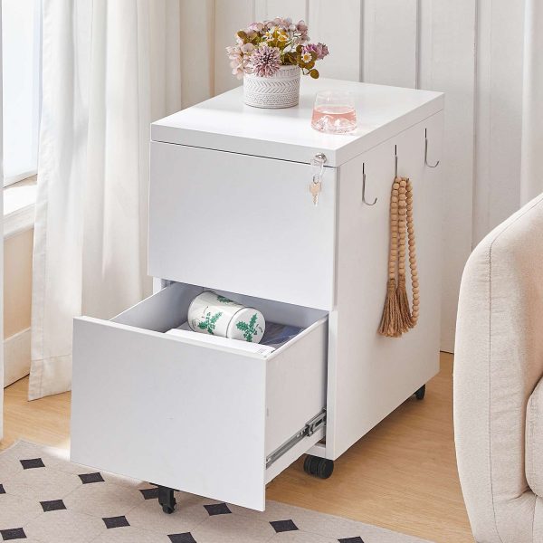 Mobile Lockable Filing Cabinet with 2 Drawers, 5-Wheel Desk Base Storage Unit, Compatible with A4, Legal and Letter Files, White