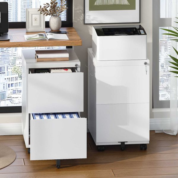Mobile Lockable Filing Cabinet with 2 Drawers, 5-Wheel Desk Base Storage Unit, Compatible with A4, Legal and Letter Files, White