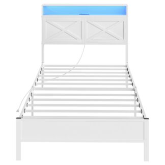 Whitetwin Bettrahmen, Bettgestell mit Ladestation und LED-Leuchten, Kopfteil mit Regalen, Robuster Metallrahmen, Geräuschfrei, Einfache Montage, Keine Boxspringbetten erforderlich