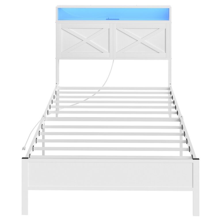 Farmetto del letto Whitetwin, Giroletto con stazione di ricarica e luci a LED, Testiera con scaffali, Telaio in metallo resistente, Senza rumore, Montaggio semplice, Non sono necessarie molle a scatola