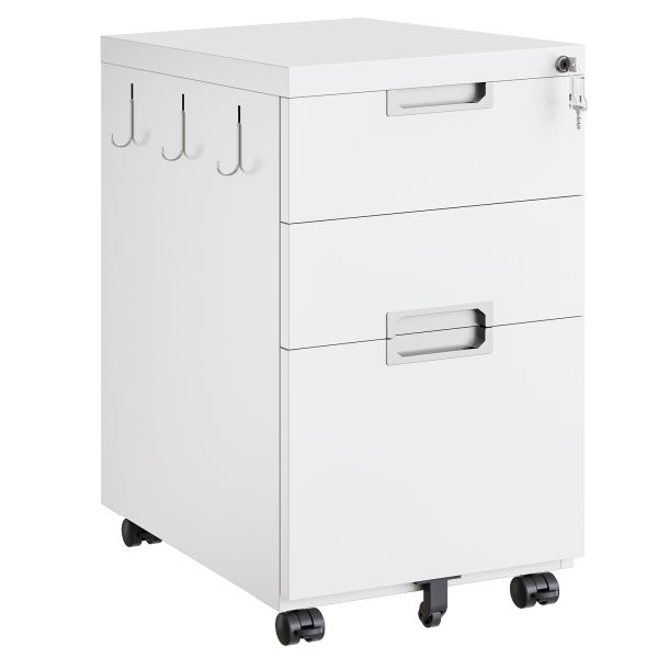 Mobile Lockable Filing Cabinet with 3 Drawers, 5-Wheel Office Storage Container, Desk Base Cabinet Compatible with A4, Legal and Letter Files, White