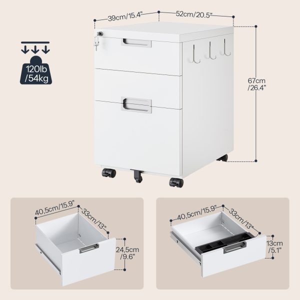Mobile Lockable Filing Cabinet with 3 Drawers, 5-Wheel Office Storage Container, Desk Base Cabinet Compatible with A4, Legal and Letter Files, White