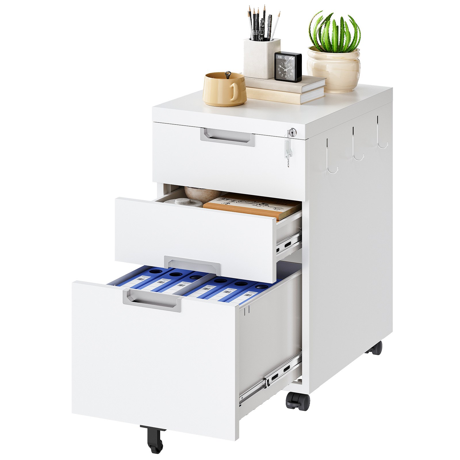 Mobile Lockable Filing Cabinet with 3 Drawers, 5-Wheel Office Storage Container, Desk Base Cabinet Compatible with A4, Legal and Letter Files, White