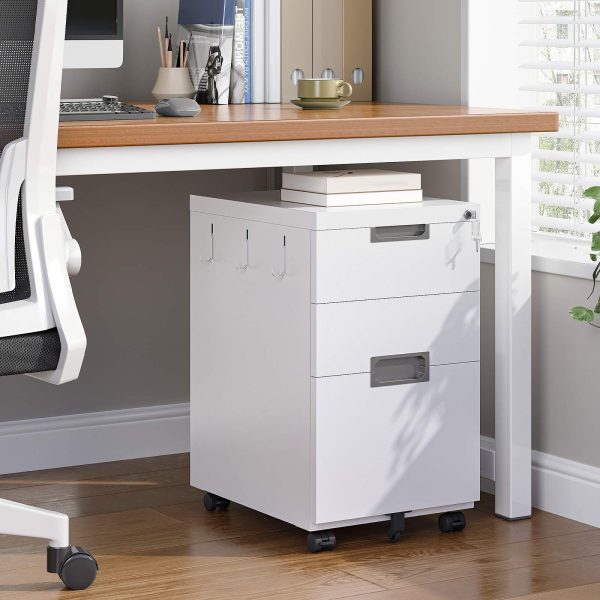 Mobile Lockable Filing Cabinet with 3 Drawers, 5-Wheel Office Storage Container, Desk Base Cabinet Compatible with A4, Legal and Letter Files, White