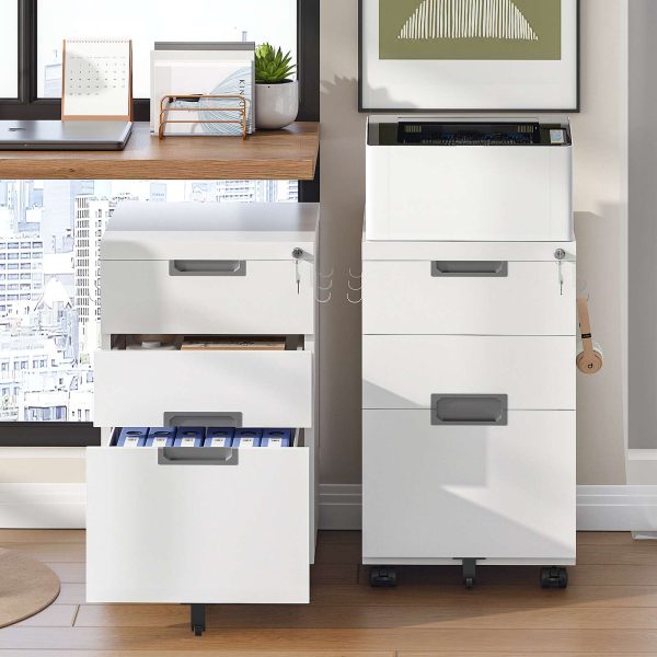 Mobile Lockable Filing Cabinet with 3 Drawers, 5-Wheel Office Storage Container, Desk Base Cabinet Compatible with A4, Legal and Letter Files, White