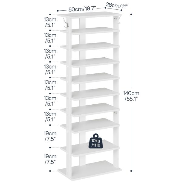 8-رف الأحذية الضيق باللون الأبيض, 50سم خزانة تخزين الأحذية مع 2 خطافات, منظم موفر للمساحة للمدخل, غرفة الجلوس