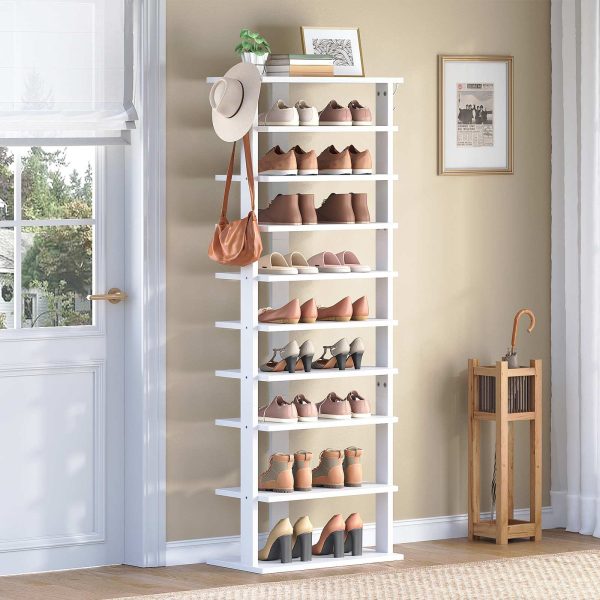 8-رف الأحذية الضيق باللون الأبيض, 50سم خزانة تخزين الأحذية مع 2 خطافات, منظم موفر للمساحة للمدخل, غرفة الجلوس