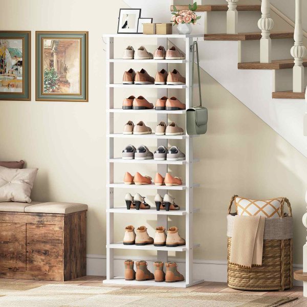 8-رف الأحذية الضيق باللون الأبيض, 50سم خزانة تخزين الأحذية مع 2 خطافات, منظم موفر للمساحة للمدخل, غرفة الجلوس