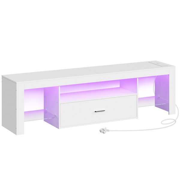 White LED TV Stand with Power Outlets, Compatible with Up to 65-inch TVs, Gaming Entertainment Center with Glass Shelves and Large Drawer, Modern Media Console for Living Room and Bedroom