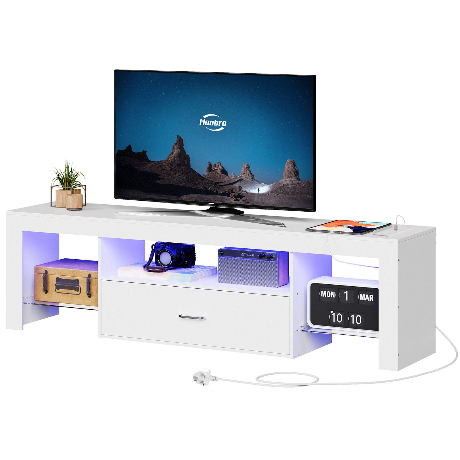 White LED TV Stand with Power Outlets, Compatible with Up to 65-inch TVs, Gaming Entertainment Center with Glass Shelves and Large Drawer, Modern Media Console for Living Room and Bedroom