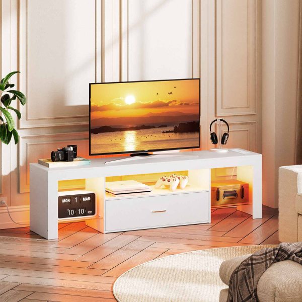 White LED TV Stand with Power Outlets, Compatible with Up to 65-inch TVs, Gaming Entertainment Center with Glass Shelves and Large Drawer, Modern Media Console for Living Room and Bedroom