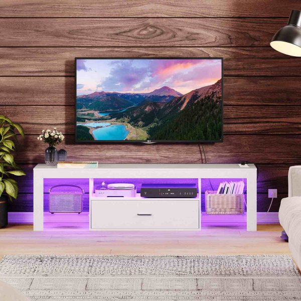 White LED TV Stand with Power Outlets, Compatible with Up to 65-inch TVs, Gaming Entertainment Center with Glass Shelves and Large Drawer, Modern Media Console for Living Room and Bedroom