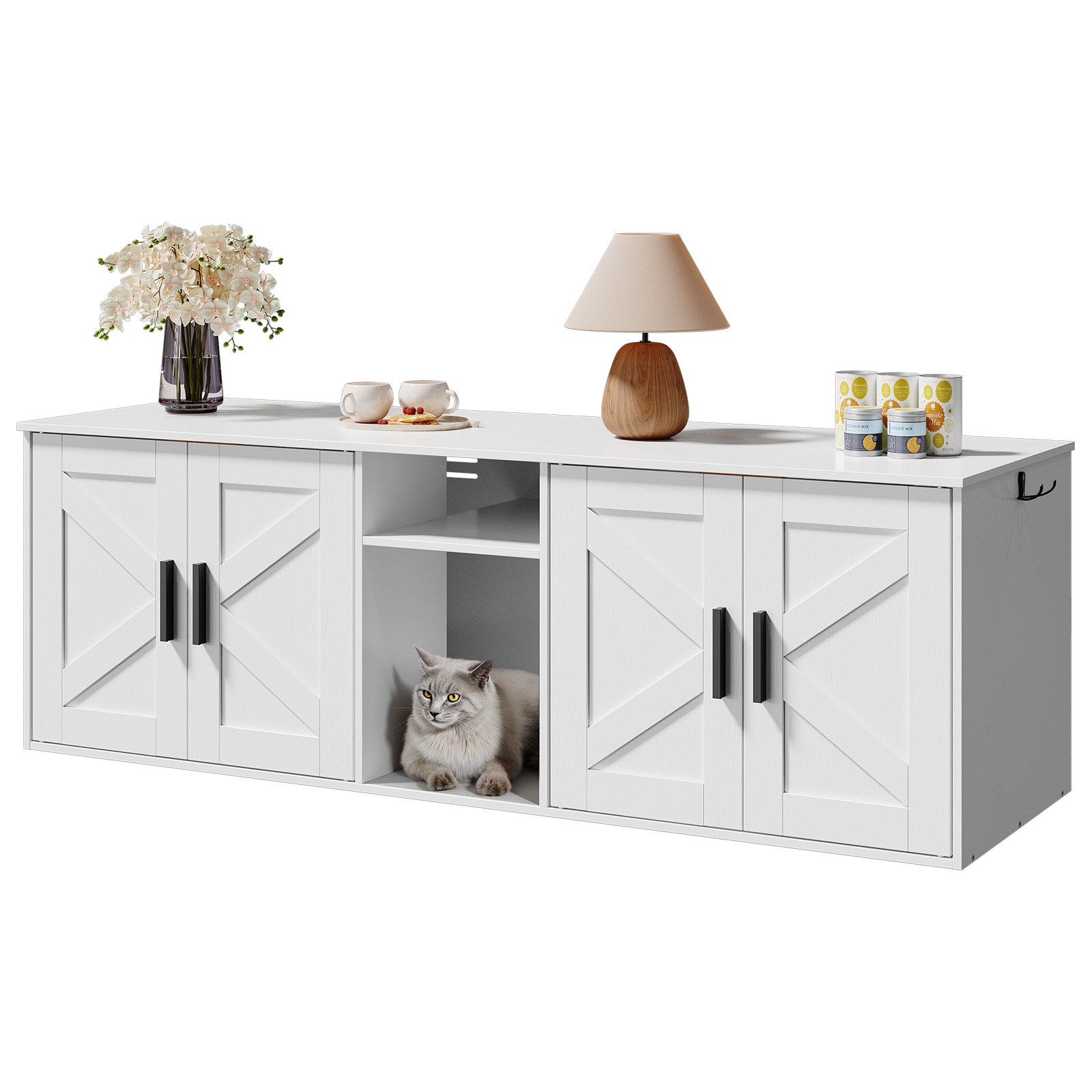 White Dual Cat Litter Box Enclosure, Hidden Type with Corridor, Wooden Cat Litter Furniture with Storage Layer and Hooks