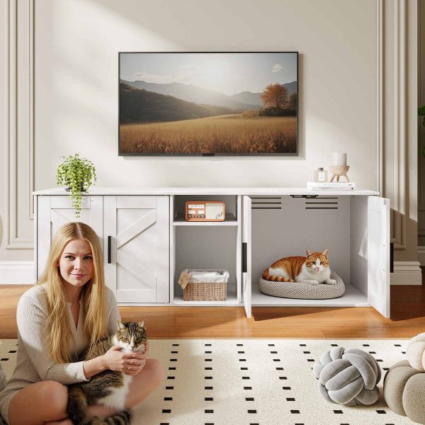 Witte dubbele kattenbakbehuizing, Verborgen type met gang, Houten kattenbakmeubel met opberglaag en haken