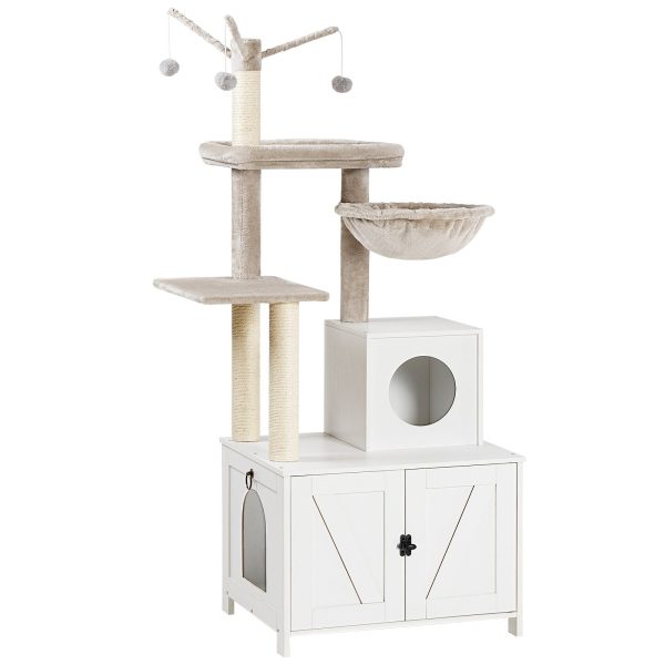 White Wooden Cat Tree Tower with Hidden Litter Box Enclosure, Multifunctional Indoor Cat Condo with Scratching Posts, All-in-One Cat Furniture Integrating Toy and House
