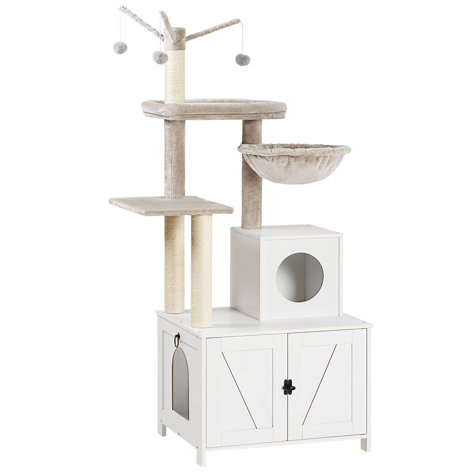 White Wooden Cat Tree Tower with Hidden Litter Box Enclosure, Multifunctional Indoor Cat Condo with Scratching Posts, All-in-One Cat Furniture Integrating Toy and House