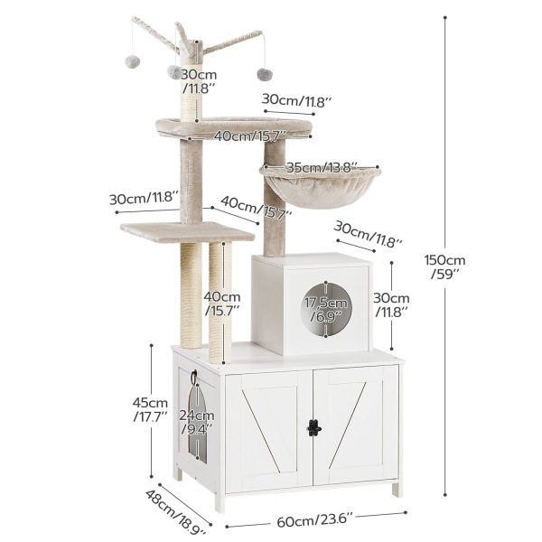 White Wooden Cat Tree Tower with Hidden Litter Box Enclosure, Multifunctional Indoor Cat Condo with Scratching Posts, All-in-One Cat Furniture Integrating Toy and House