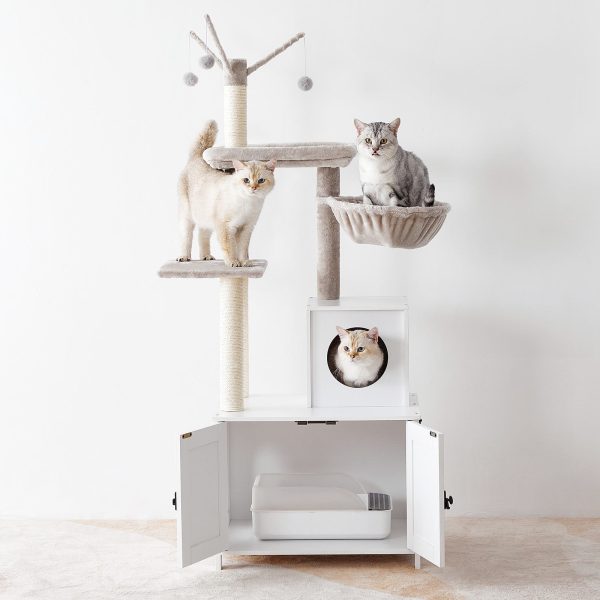 White Wooden Cat Tree Tower with Hidden Litter Box Enclosure, Multifunctional Indoor Cat Condo with Scratching Posts, All-in-One Cat Furniture Integrating Toy and House