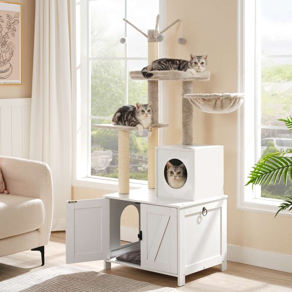 White Wooden Cat Tree Tower with Hidden Litter Box Enclosure, Multifunctional Indoor Cat Condo with Scratching Posts, All-in-One Cat Furniture Integrating Toy and House