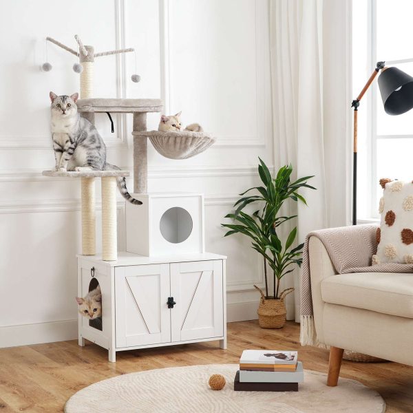 White Wooden Cat Tree Tower with Hidden Litter Box Enclosure, Multifunctional Indoor Cat Condo with Scratching Posts, All-in-One Cat Furniture Integrating Toy and House