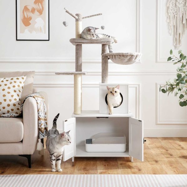 White Wooden Cat Tree Tower with Hidden Litter Box Enclosure, Multifunctional Indoor Cat Condo with Scratching Posts, All-in-One Cat Furniture Integrating Toy and House