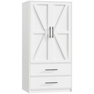 Armoire gardırop dolabı 2 Çekmeceler, 70.9" Asılı çubuklu uzun gardırop dolabı, 2 Kapılar Yatak Odası Armoires, Çiftlik evi giyim depolama dolabı, Yatak odası için ahşap armoire, Beyaz