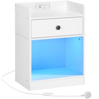 Bedside Table with Charging Station and LED Lights, Overbed End Table with Plug and 2 USB Ports, Nightstand with Drawer, Open Storage for Bedroom, Living Room,