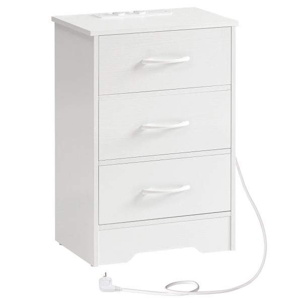 Sengbord med opladningsstation, Slim Side Table with 3 Ikke-vævede stofskuffer, Sofa Sidebord Udstyret med 2 Stikkontakter, 1 USB-A og 1 Type-C-port, Velegnet til stue og soveværelse, Hvid